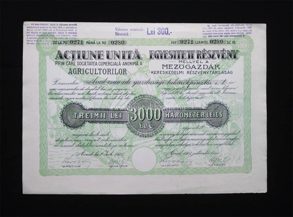 Mezőgazdák Kereskedelmi Rt. részvény 10x300 lei 1923 Arad (ROU)